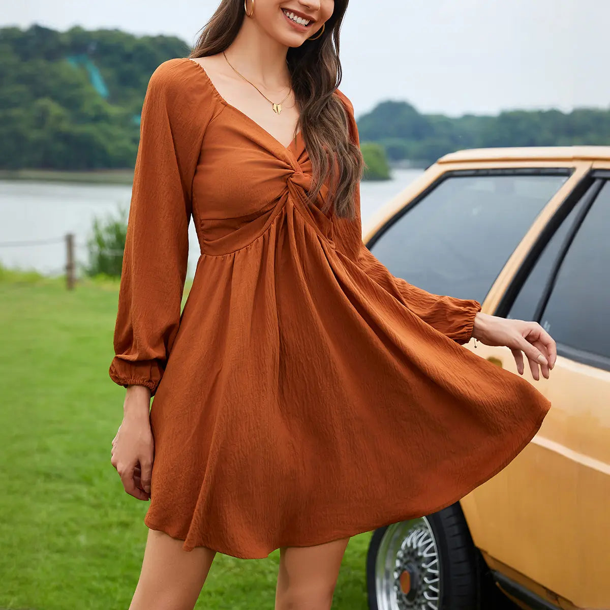 Chicovar Women's Spring Sweetheart Neckline Knot Front Flowy Mini Chiffon Dresses , Lantern Sleeve, A-Line Cut, No Scratchy, No Sheer, Westernfashion, Family Photos, Church, Party, Casual, or Daily Wear, Summervibes Long Sleeve Womenswear