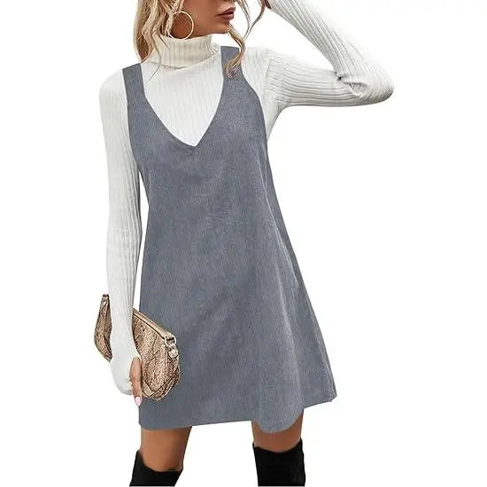 Wenrine Women's V Neck Corduroy Overall Dress Casual Loose Short Pinafore Dresses Cute Mini Jumper Dress