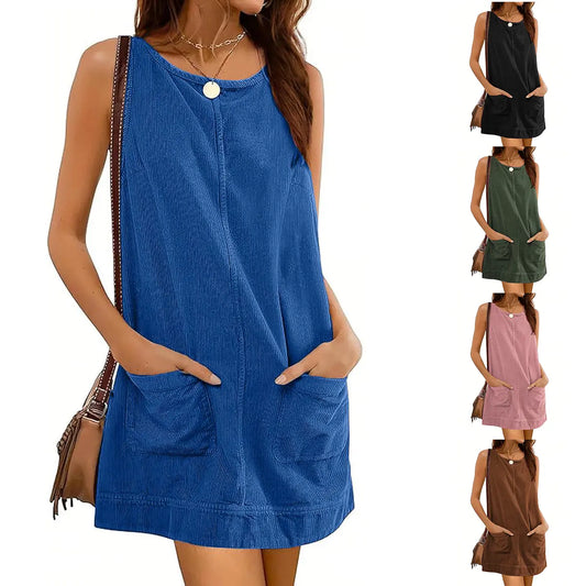 JovenPara Women's 70%Cotton-30%Polyester Corduroy Sleeveless A-Line Mini Overall Dress - Basic Casual Machine Washable Dress with Round Neck, Patch Pockets, Open Back, Above Knee, Elegant Women's Clothes