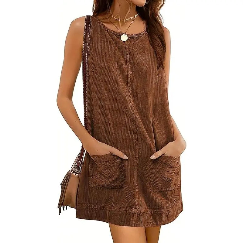 Women's Corduroy Overall Dress Round Neck A Line Skirtall Jumper Mini Dress Pinafore with Pockets