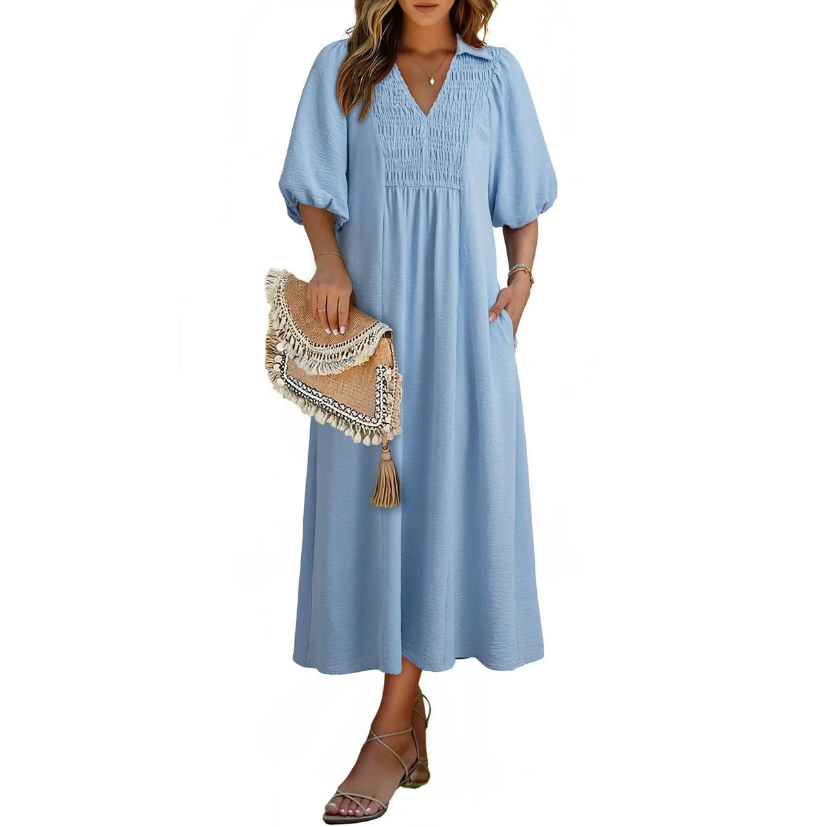 DOKOTOO Summer Dresses for Women 2026 Casual Dresses V Neck Puff Sleeve Empire Waist A-Line Maxi Dress