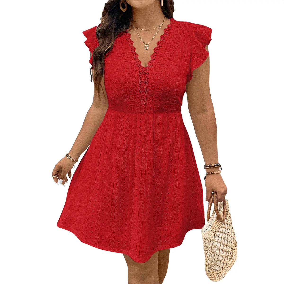 Eytino Plus Size Dresses for Women Summer Ruffle Cap Sleeve Lace V Neck Embroidery Eyelet A Line Dress(1X-5X)