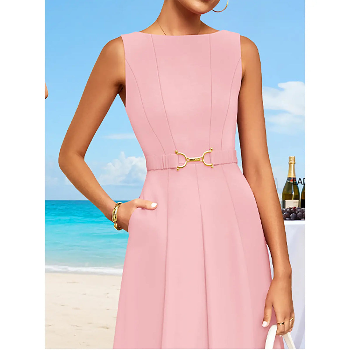 ZESICA Women Summer Sleeveless Midi Dresses 2026 Elegant Boat Neck A Line Tie Waist Spring Cocktail Party Dress