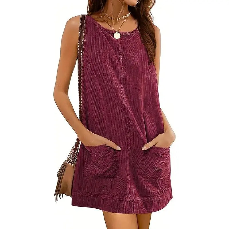 Women's Corduroy Overall Dress Round Neck A Line Skirtall Jumper Mini Dress Pinafore with Pockets