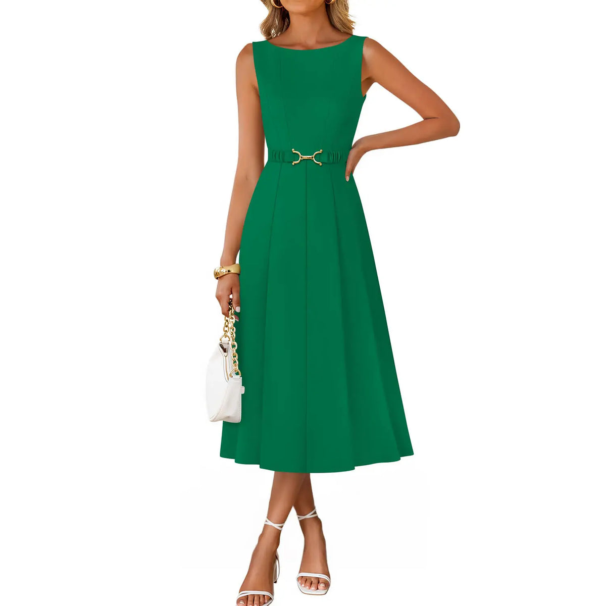 ZESICA Women Summer Sleeveless Midi Dresses 2026 Elegant Boat Neck A Line Tie Waist Spring Cocktail Party Dress