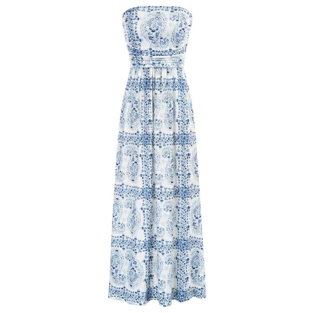 Grace Karin Women's Boho Strapless Sleeveless A-Line Wrap Maxi Dress, Ruched Floral Print Flowy Summer Beach Sundress with Pockets, Plus Size Friendly Casual Fashion Dress, Women's Casual Clothes