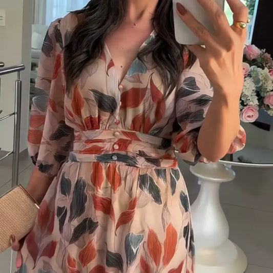 CHICME 2026 Women's Plants Print V-Neck Puff Sleeve Casual Maxi Dress