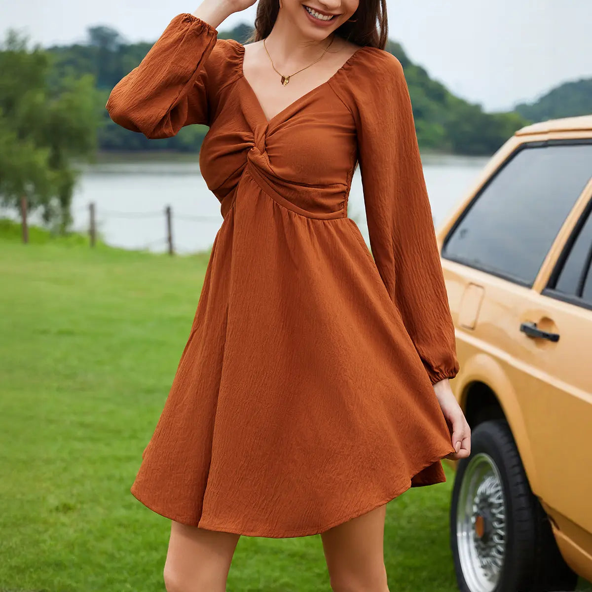 Chicovar Women's Spring Sweetheart Neckline Knot Front Flowy Mini Chiffon Dresses , Lantern Sleeve, A-Line Cut, No Scratchy, No Sheer, Westernfashion, Family Photos, Church, Party, Casual, or Daily Wear, Summervibes Long Sleeve Womenswear