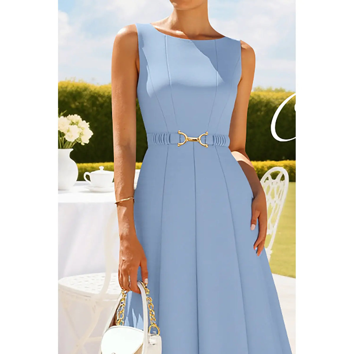 ZESICA Women Summer Sleeveless Midi Dresses 2026 Elegant Boat Neck A Line Tie Waist Spring Cocktail Party Dress