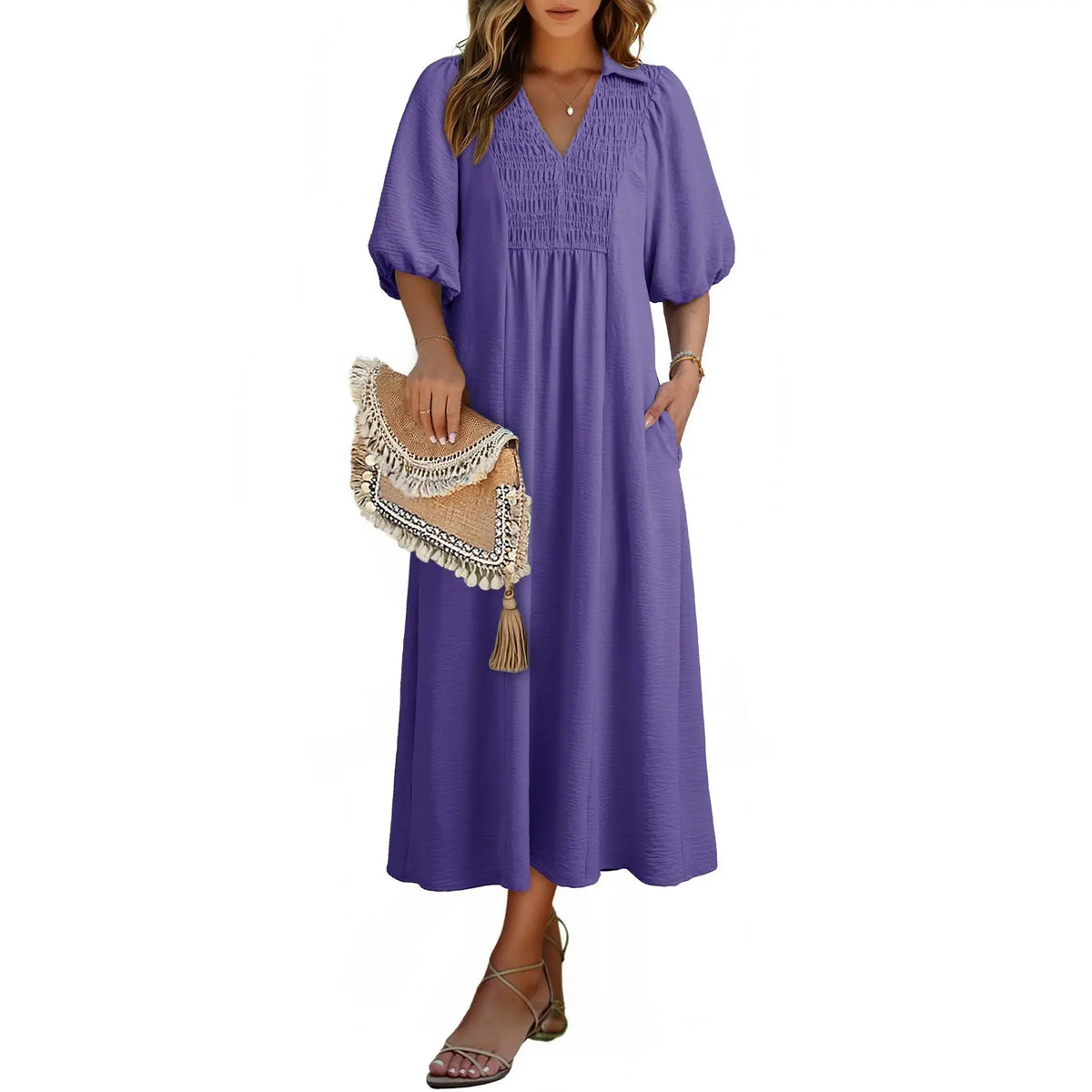 DOKOTOO Summer Dresses for Women 2026 Casual Dresses V Neck Puff Sleeve Empire Waist A-Line Maxi Dress