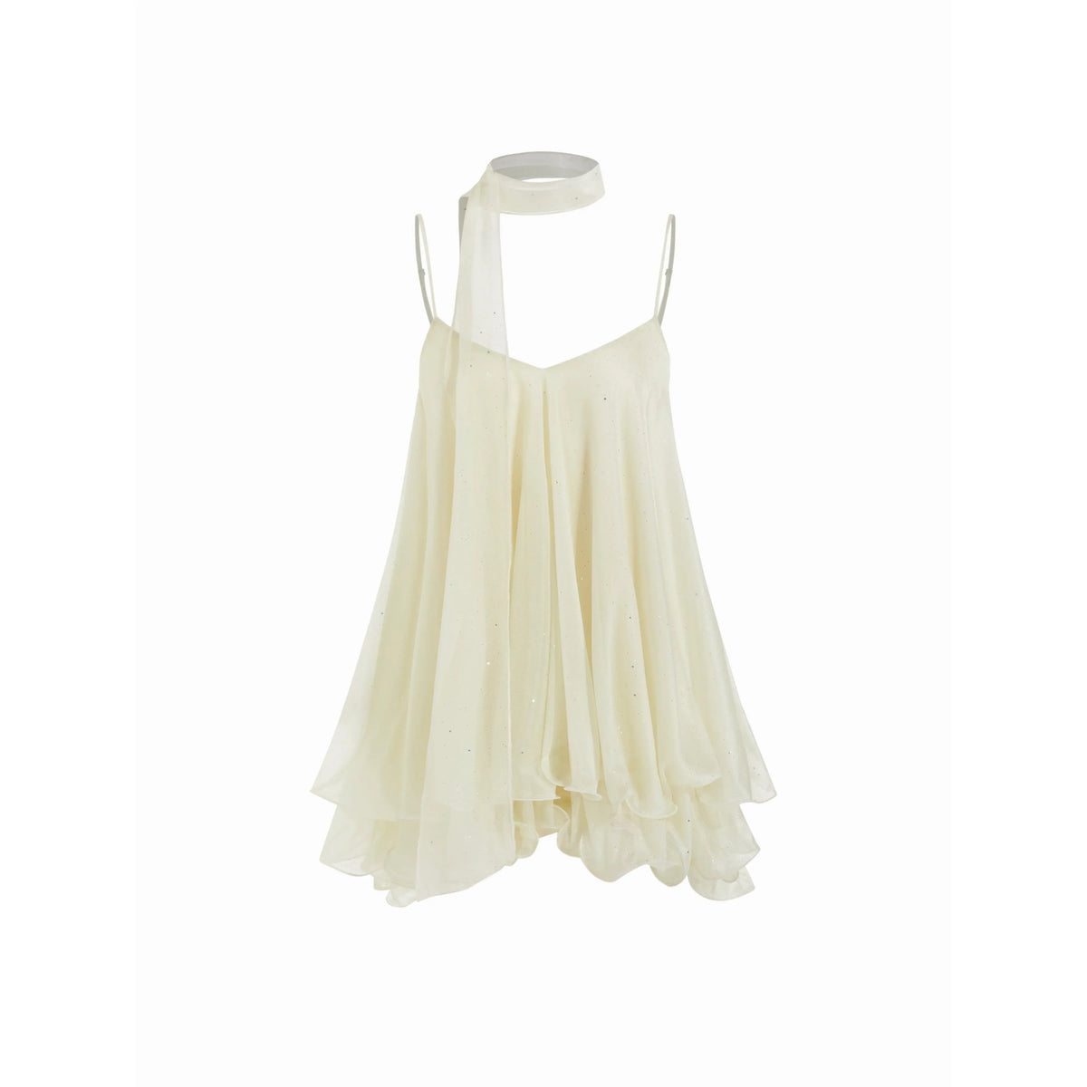 Cider V-Neck Halter Ruffled Hem Tulle Glitter Mini Dress Casual Wear Sexy Glamorous Women's Party Clubbing Festival Gown, Oversized Loose Fit Bounce Sundress with Scarf for Summer SohoChic