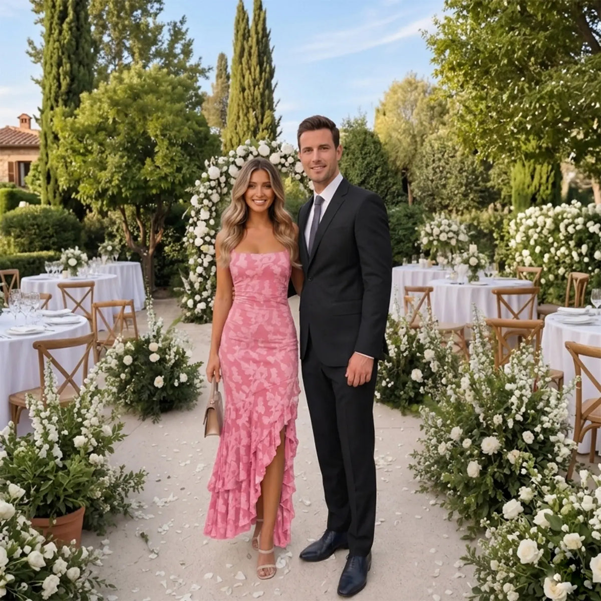BORIFLORS Women's Chic Floral Embroidery Mermaid Maxi Dress - Sexy Square Neck Ruched Bodycon Gown for Wedding Guest, Formal Party, Birthday Outfits - Clothes, Wedding Guest Dresses, Gowns