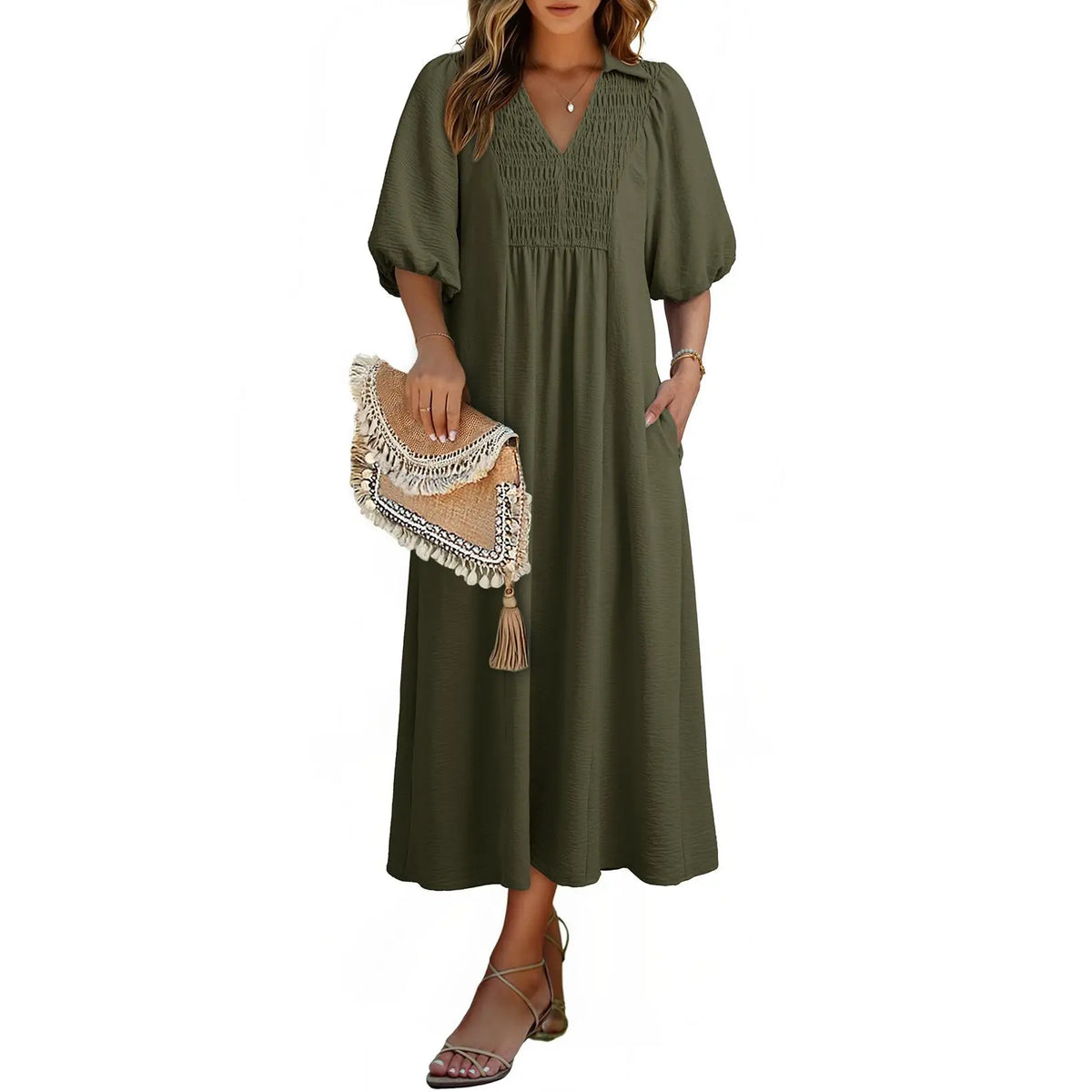 DOKOTOO Summer Dresses for Women 2026 Casual Dresses V Neck Puff Sleeve Empire Waist A-Line Maxi Dress
