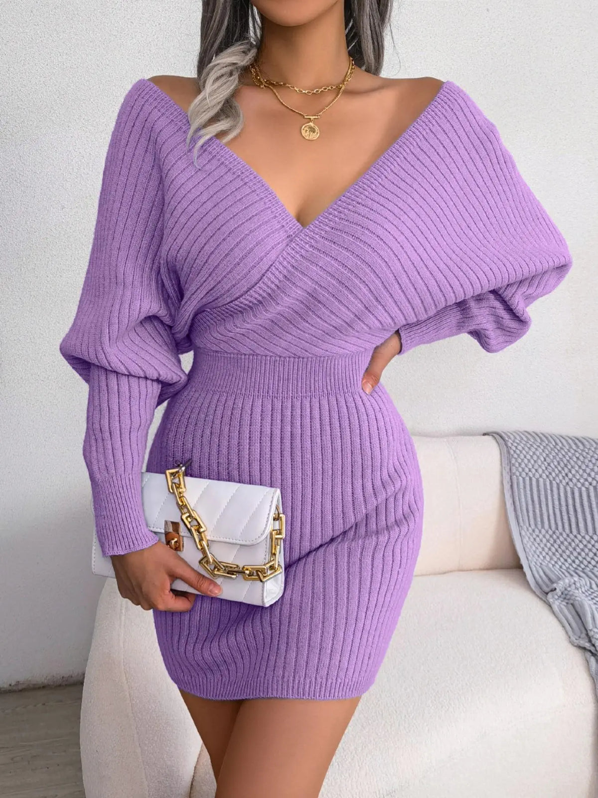 Women's Plain Solid Wrapped V Neck Leg-of-mutton Sleeve Sweater Dress, Slim-fit Long Sleeve Bodycon Jumper Dress, Womenswear