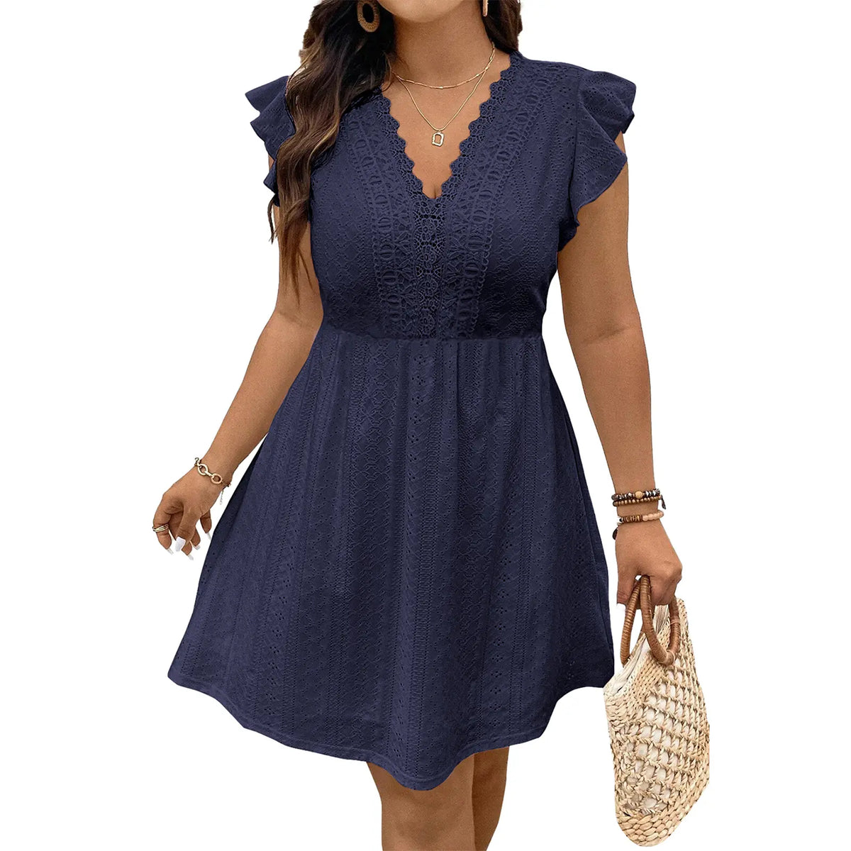 Eytino Plus Size Dresses for Women Summer Ruffle Cap Sleeve Lace V Neck Embroidery Eyelet A Line Dress(1X-5X)