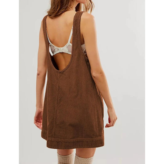 Women's Corduroy Overall Dress Round Neck A Line Skirtall Jumper Mini Dress Pinafore with Pockets