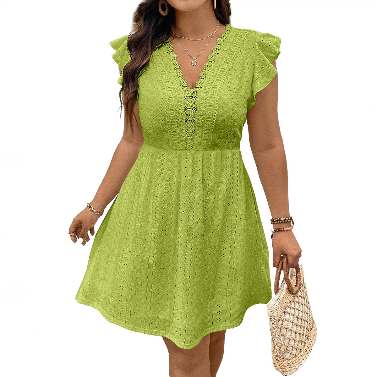 Eytino Plus Size Dresses for Women Summer Ruffle Cap Sleeve Lace V Neck Embroidery Eyelet A Line Dress(1X-5X)