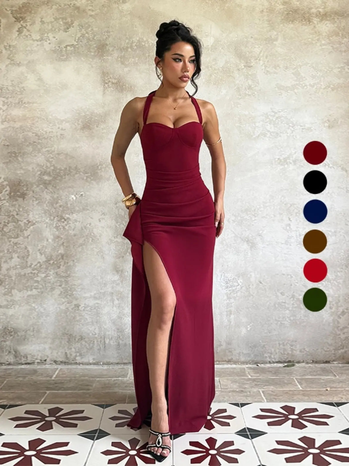 Backless Strapless Halter Neck Plain Slim Fit Slit Dress, Sexy Style All Season Women's Clothing, Perfect for Casual & Daily Wear, Backless Slim Dresses, Womenswear
