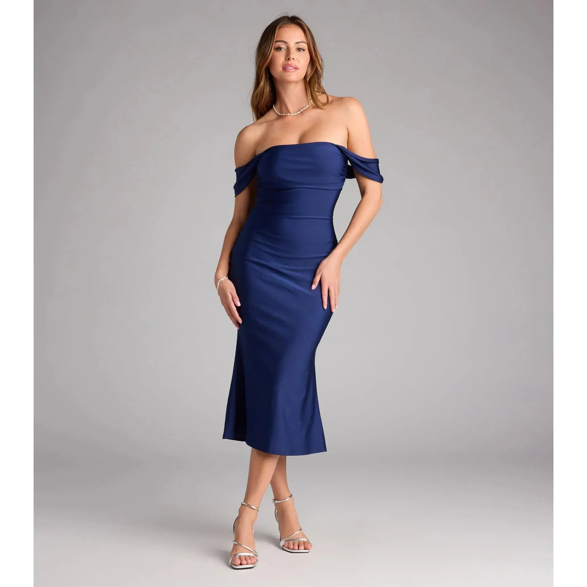 Exceptional Off-The-Shoulder Flared Midi Dress