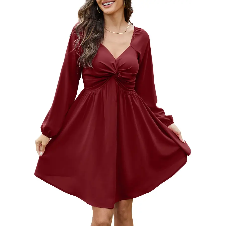 Chicovar Women's Spring Sweetheart Neckline Knot Front Flowy Mini Chiffon Dresses , Lantern Sleeve, A-Line Cut, No Scratchy, No Sheer, Westernfashion, Family Photos, Church, Party, Casual, or Daily Wear, Summervibes Long Sleeve Womenswear