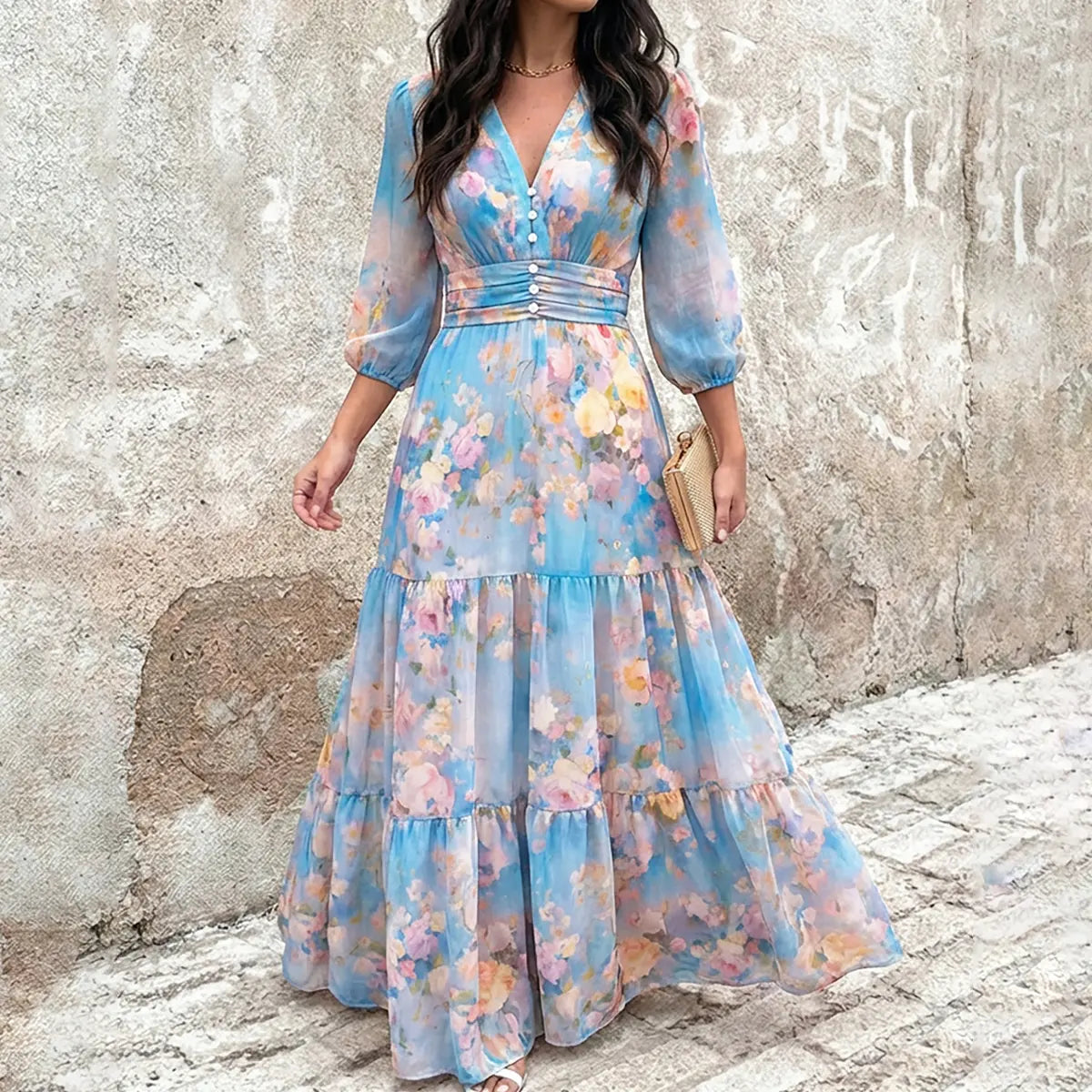CHICME 2026 Women's Plants Print V-Neck Puff Sleeve Casual Maxi Dress