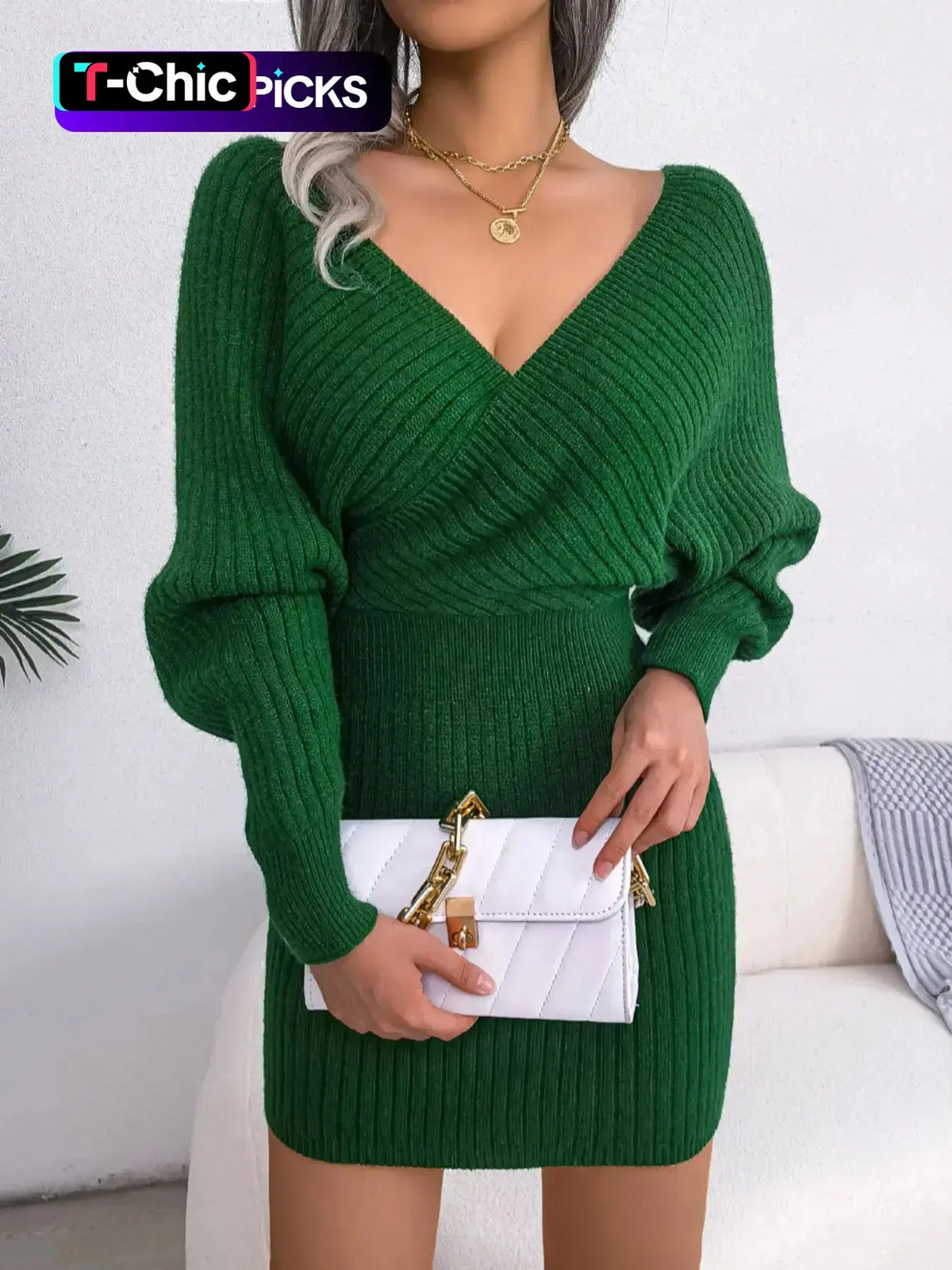 Women's Plain Solid Wrapped V Neck Leg-of-mutton Sleeve Sweater Dress, Slim-fit Long Sleeve Bodycon Jumper Dress, Womenswear