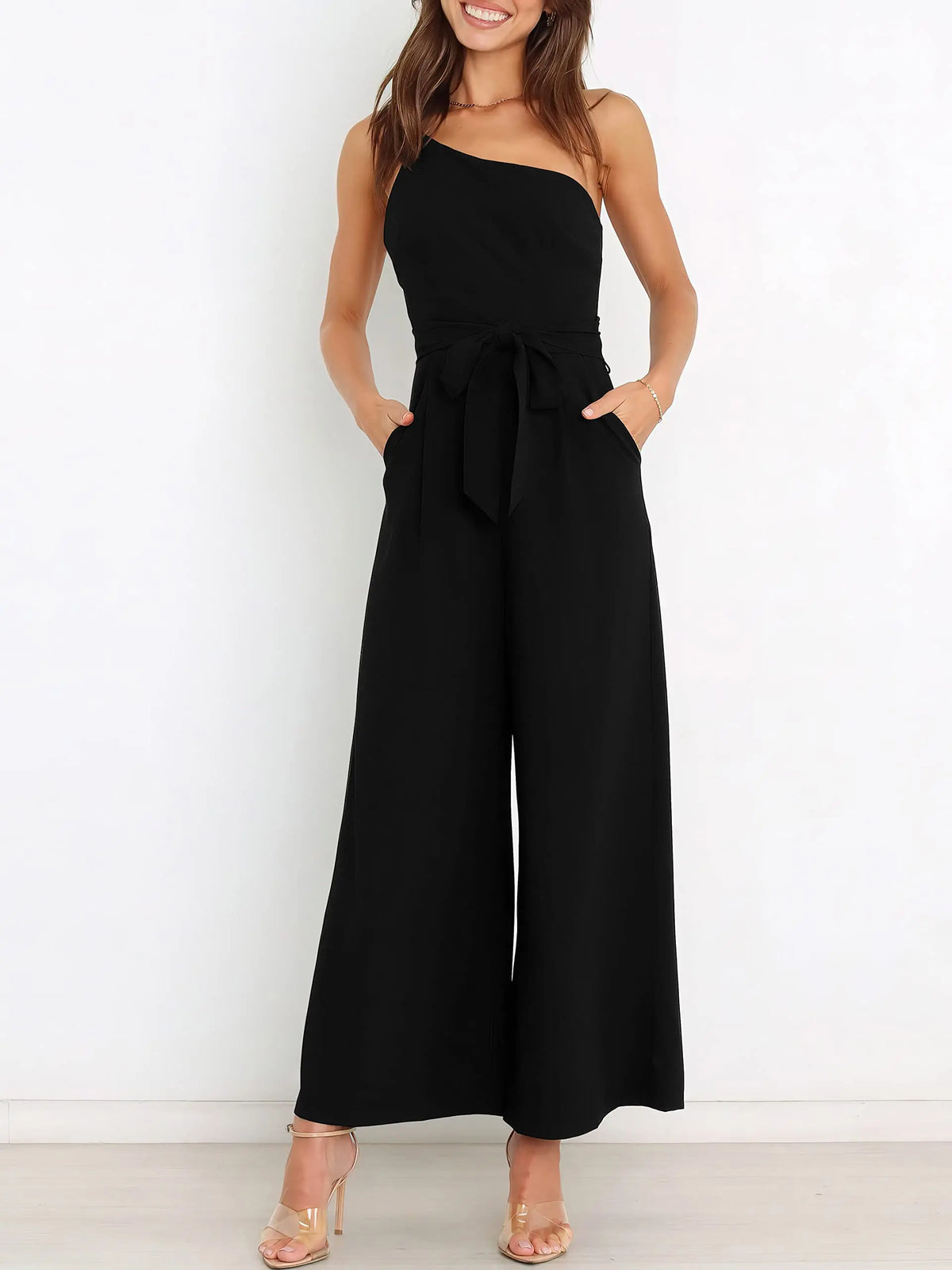 ANRABESS Women's Summer Dressy One Shoulder Sleeveless Tie Waist Backless Casual Wide Leg Jumpsuit Rompers Pockets Wedding Elegant  Overalls