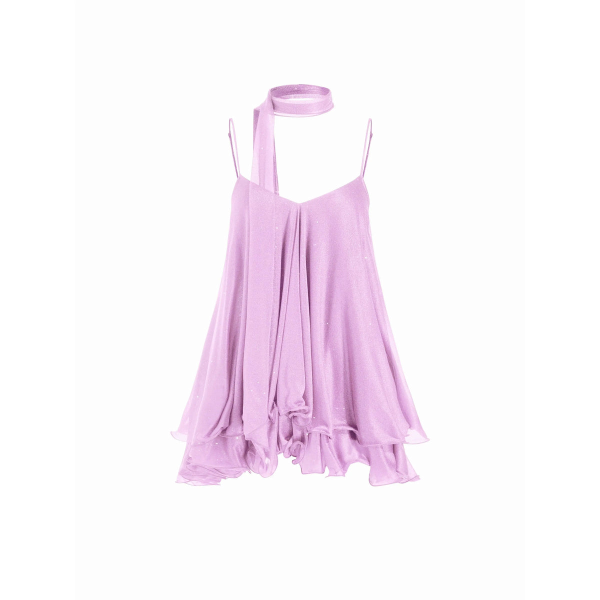 Cider V-Neck Halter Ruffled Hem Tulle Glitter Mini Dress Casual Wear Sexy Glamorous Women's Party Clubbing Festival Gown, Oversized Loose Fit Bounce Sundress with Scarf for Summer SohoChic