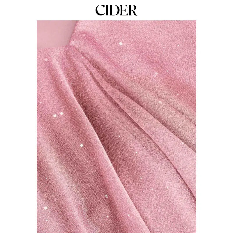 Cider V-Neck Halter Ruffled Hem Tulle Glitter Mini Dress Casual Wear Sexy Glamorous Women's Party Clubbing Festival Gown, Oversized Loose Fit Bounce Sundress with Scarf for Summer SohoChic