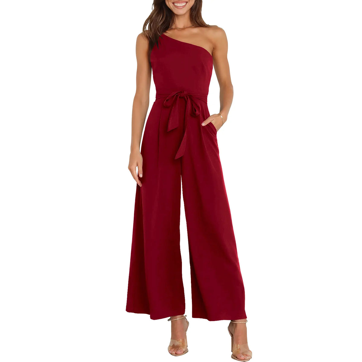ANRABESS Women's Summer Dressy One Shoulder Sleeveless Tie Waist Backless Casual Wide Leg Jumpsuit Rompers Pockets Wedding Elegant  Overalls