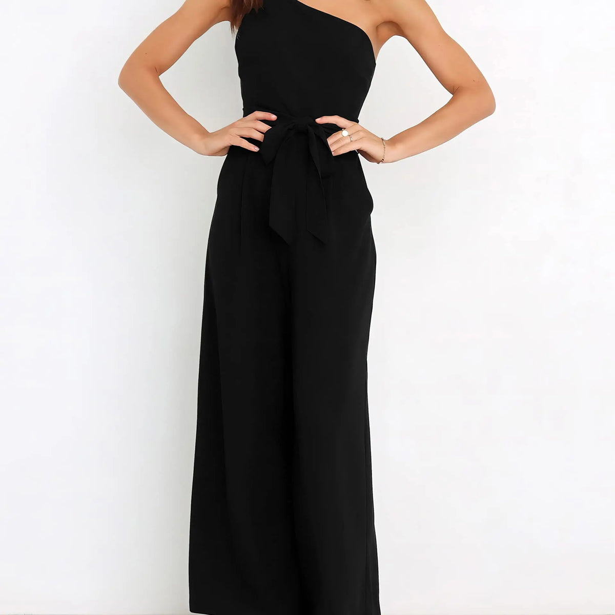 ANRABESS Women's Summer Dressy One Shoulder Sleeveless Tie Waist Backless Casual Wide Leg Jumpsuit Rompers Pockets Wedding Elegant  Overalls