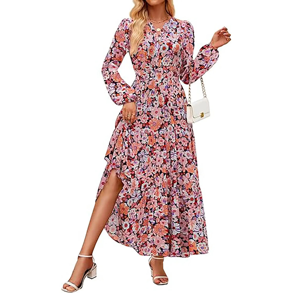 ZESICA Women's 2025 Fall Long Sleeve Maxi Dress Floral Print V Neck Empire Waist A Line Tiered Flowy Boho Party Dresses