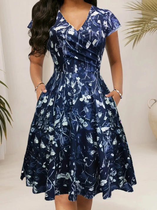 Women's Boho Floral Print V-Neck Midi Dress with Pockets, Fitted Casual Dress for Spring & Fall