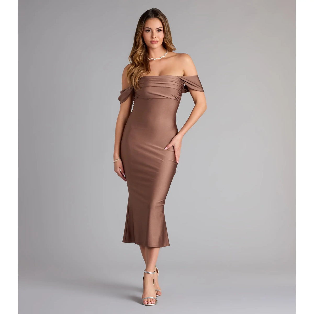 Exceptional Off-The-Shoulder Flared Midi Dress