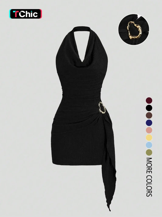 Women's Fashion Solid Color Ruched Halter Fit Dress, Casual Office Wear, Elegant Backless Design, Perfect for Daily Wear, Stylish, Chic and Comfortable Dress, Backless Slim Dress