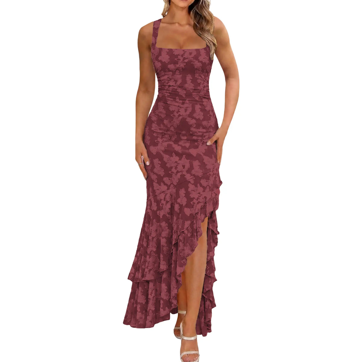 BORIFLORS Women's Chic Floral Embroidery Mermaid Maxi Dress - Sexy Square Neck Ruched Bodycon Gown for Wedding Guest, Formal Party, Birthday Outfits - Clothes, Wedding Guest Dresses, Gowns