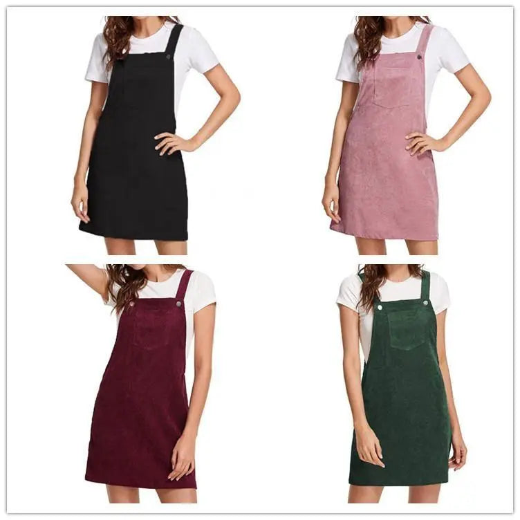 Women's Corduroy A Line Cute Jumper Pinafore Bib Overall Mini Dress Skirt