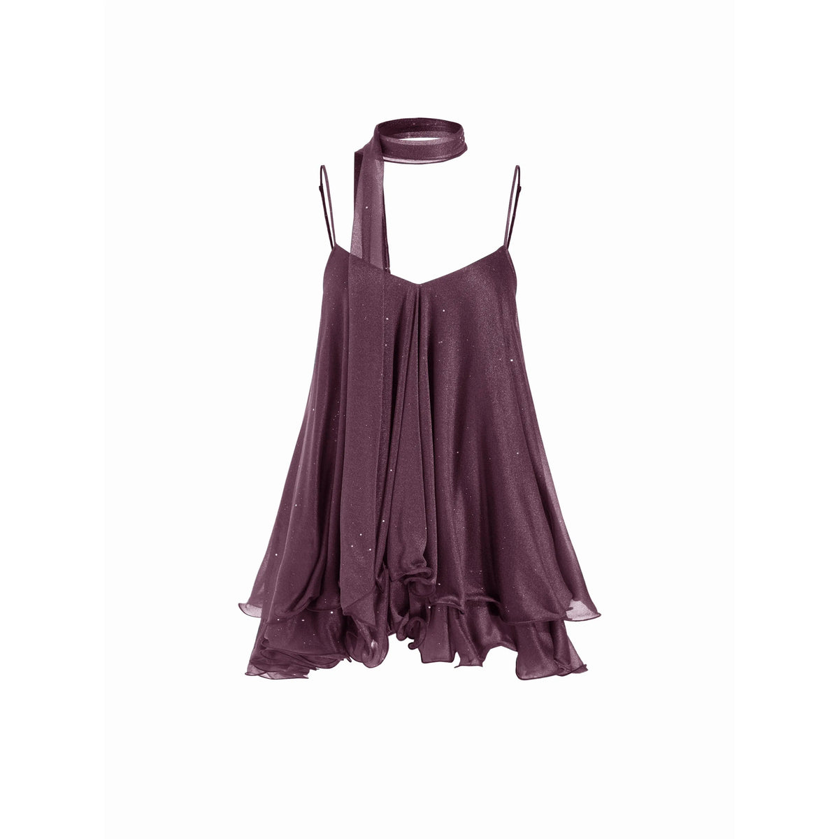 Cider V-Neck Halter Ruffled Hem Tulle Glitter Mini Dress Casual Wear Sexy Glamorous Women's Party Clubbing Festival Gown, Oversized Loose Fit Bounce Sundress with Scarf for Summer SohoChic