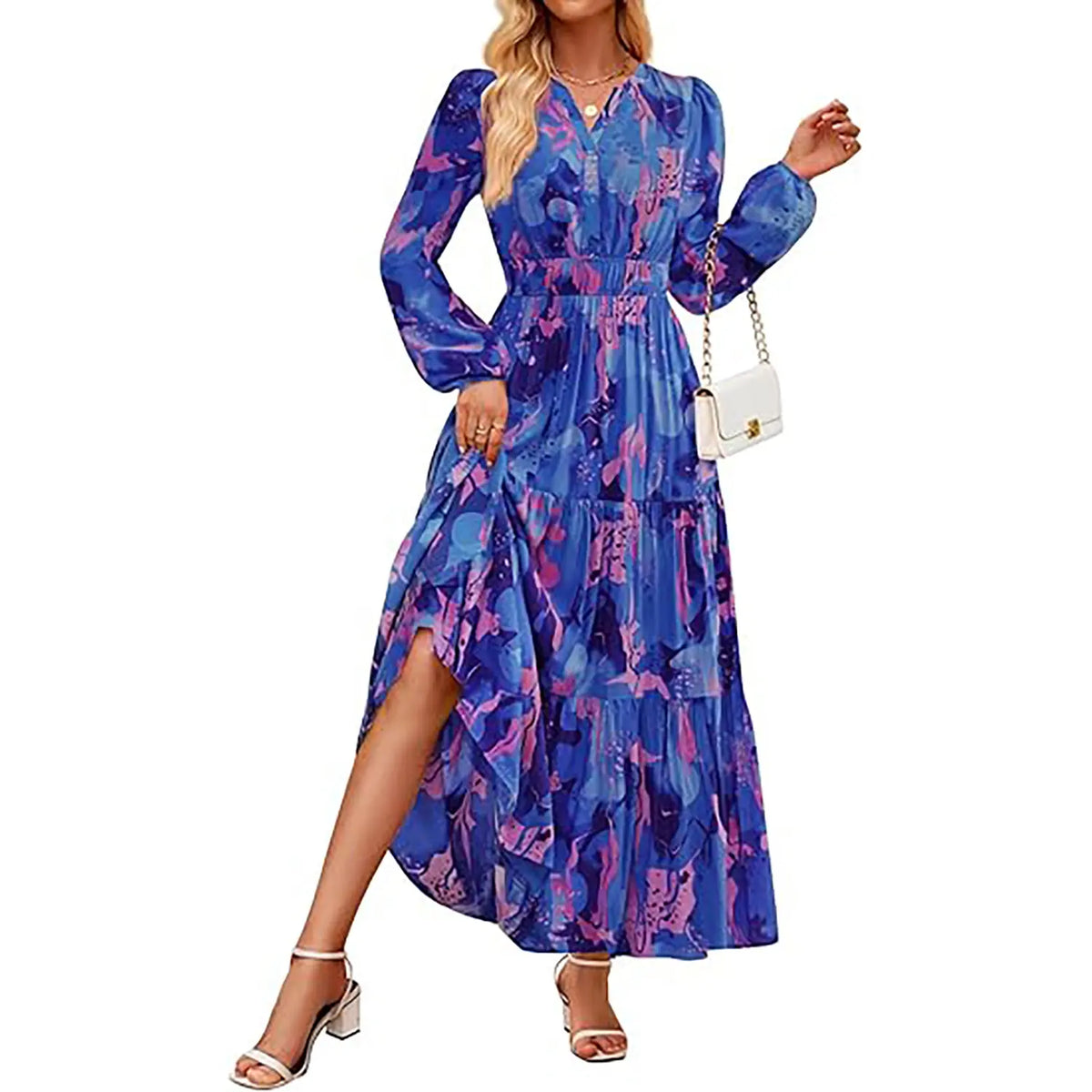 ZESICA Women's 2025 Fall Long Sleeve Maxi Dress Floral Print V Neck Empire Waist A Line Tiered Flowy Boho Party Dresses
