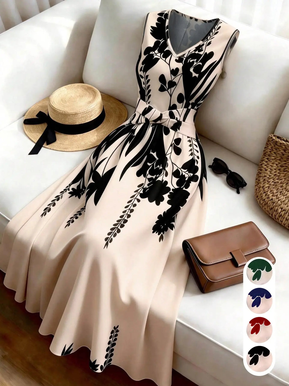 Women's Fashion Feminine Casual Chic Floral Print Sleeveless Vneck Dress, Summer Clothes for Vacation, Office, Beach and Graduation Party, Boho V Neck