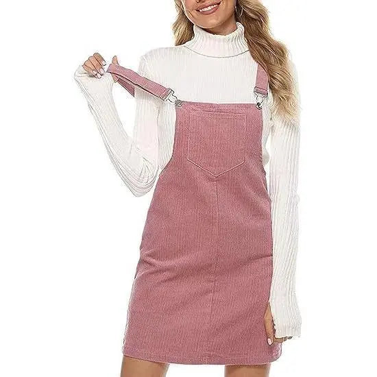 Women's Corduroy A Line Cute Jumper Pinafore Bib Overall Mini Dress Skirt