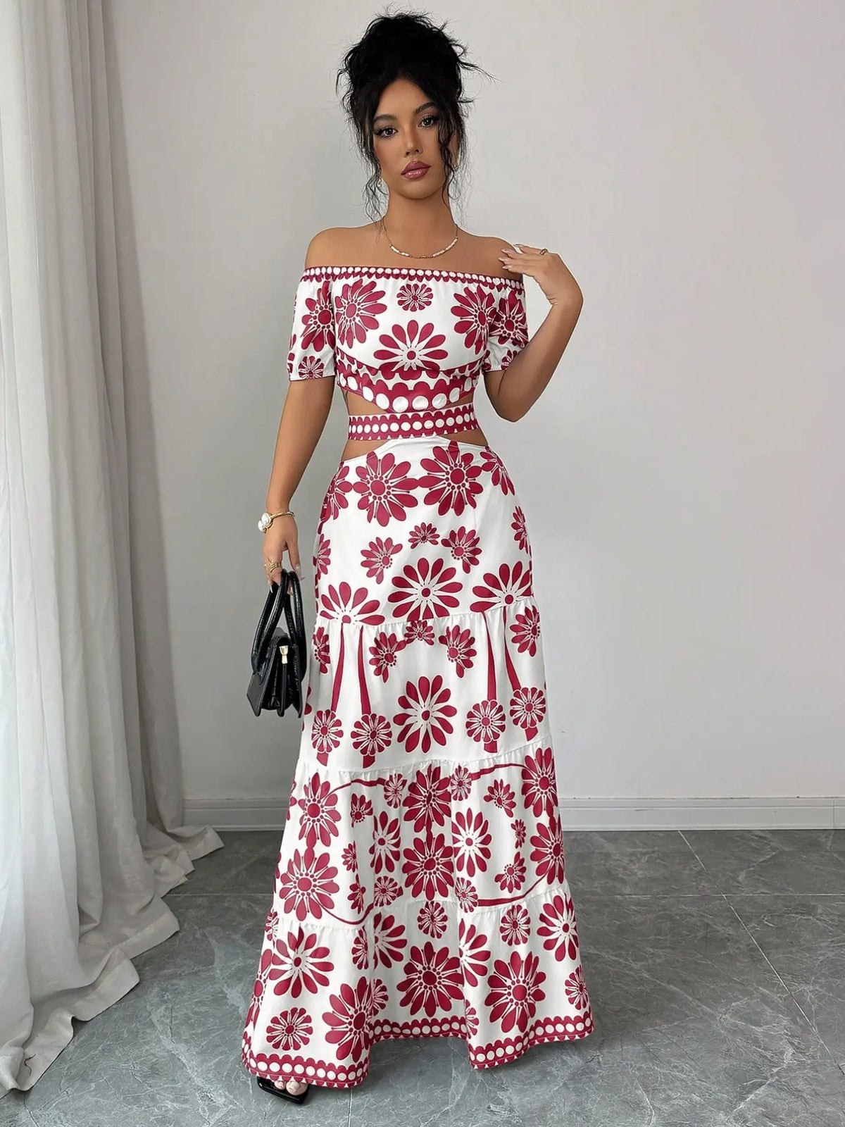 Women's Floral Off-Shoulder Short Sleeve Hollow Out Waist Fashion Chic Bohemian Dress, Tropical Vacation Women's Dress, Long Dress for Summer