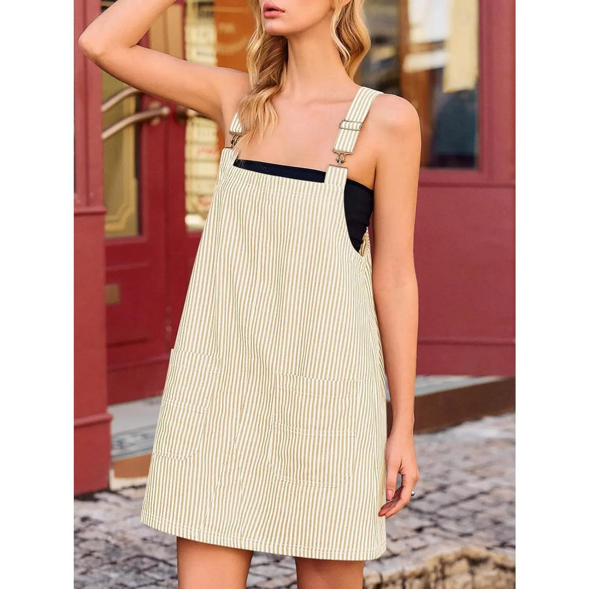 Imily Bela Womens Casual Striped Denim Dress Summer Pinafore Overalls Romper Adjustable Straps Jumper Dress with Pocket