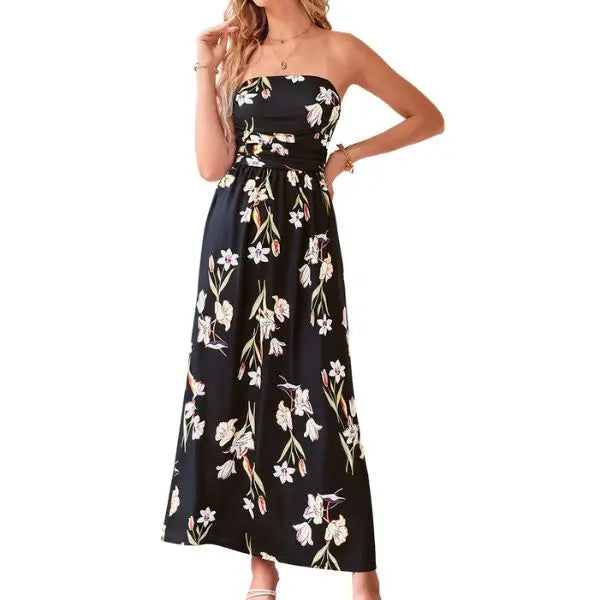 Grace Karin Women's Boho Strapless Sleeveless A-Line Wrap Maxi Dress, Ruched Floral Print Flowy Summer Beach Sundress with Pockets, Plus Size Friendly Casual Fashion Dress, Women's Casual Clothes
