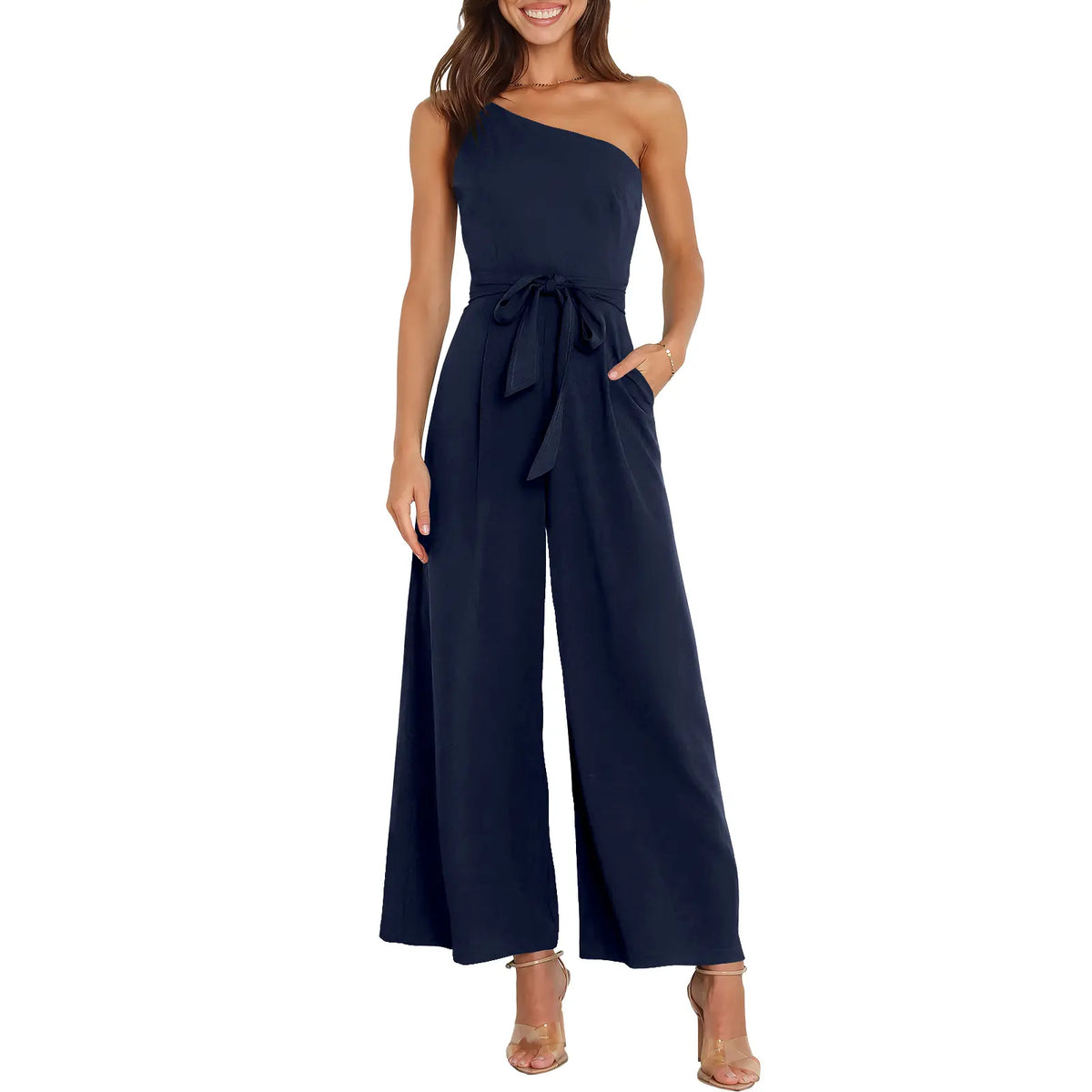 ANRABESS Women's Summer Dressy One Shoulder Sleeveless Tie Waist Backless Casual Wide Leg Jumpsuit Rompers Pockets Wedding Elegant  Overalls