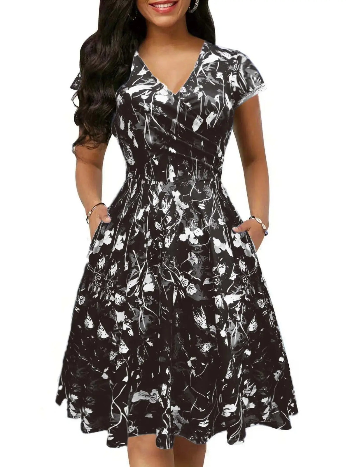 Women's Boho Floral Print V-Neck Midi Dress with Pockets, Fitted Casual Dress for Spring & Fall